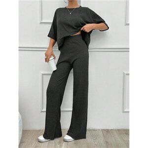 Simple Summer Solid Loose Drop Shoulder Short Sleeve Top And Straight Pants